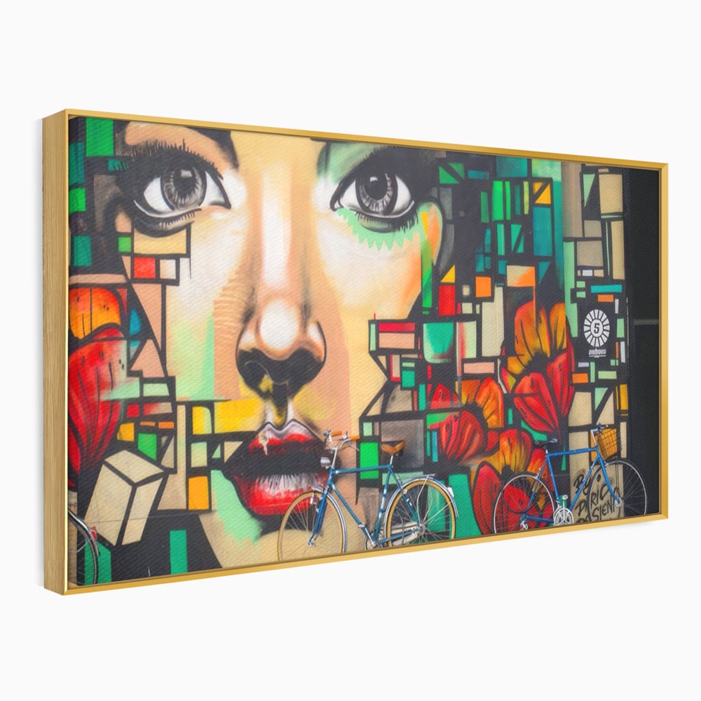 Tablou canvas cu tablou canvas cu graffiti si biciclete, in rama de aluminiu auriu
